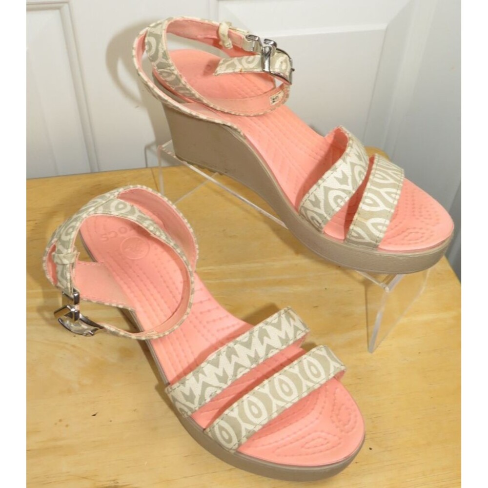 Crocs Leigh Graphic Stucco Tumbleweed Wedge Platform Slingback Sandals Sz 7
